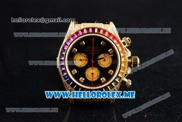 Rolex Daytona Rainbow Swiss Valjoux 7750 Automatic Yellow Gold Case with Black Dial and Black Leather Strap Diamonds Markers (GF) - Click Image to Close